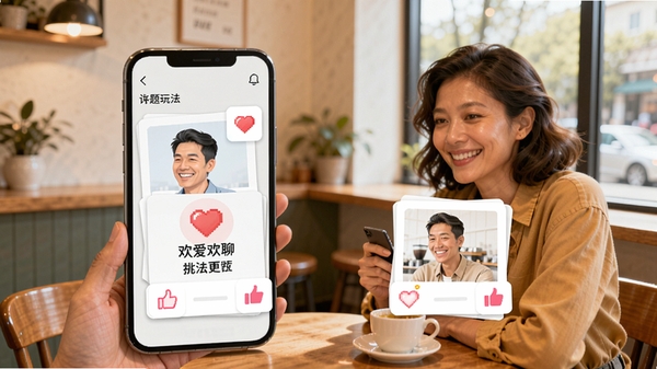 中年欢爱聊互动玩法展示图,手机界面中两人正在参与话题卡片挑战,屏幕上有爱心和点赞图标,背景为明亮的咖啡馆一角,画面温馨活泼