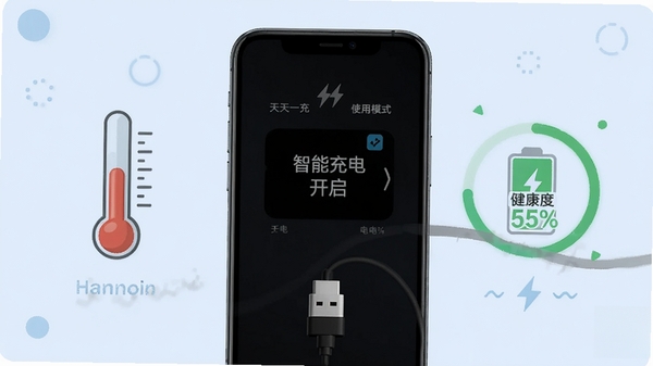 天天一充使用教程图解，手机连接数据线充电，界面显示智能充电模式开启，旁边有温度计图标和电池健康度百分比，背景为浅蓝色教程风格