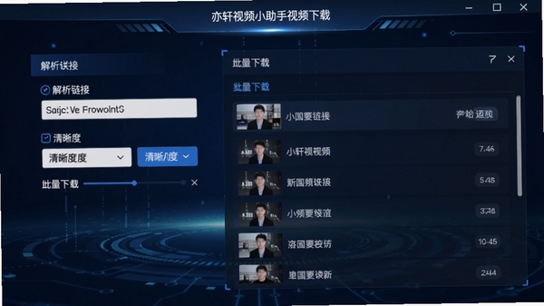 亦轩视频小助手视频下载功能截图,显示解析链接、清晰度选择、批量下载列表,背景为深蓝色科技风格