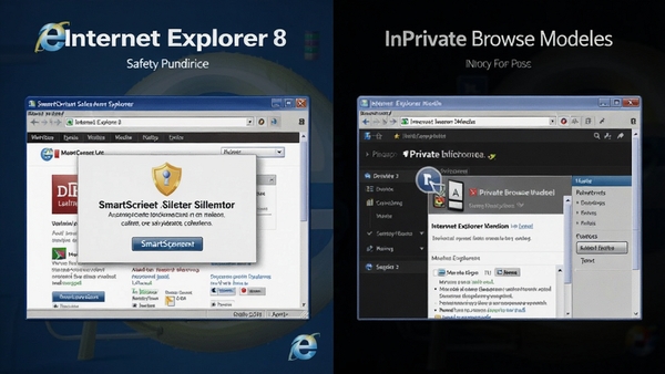 Internet Explorer 8 安全功能展示图，画面左侧是SmartScreen筛选器拦截恶意网站的警告页面，右侧是InPrivate浏览模式的窗口，深色背景突出隐私保护主题