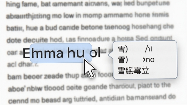 雪人翻译软件划词翻译功能演示,鼠标指针选中英文单词,旁边弹出包含音标和中文释义的精致小浮窗,背景为模糊的英文网页文字