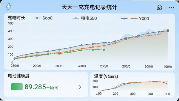 天天一充充电记录统计图表，折线图展示充电时长和电量变化，下方有电池健康度百分比和温度曲线，背景为浅蓝色数据面板，风格清晰直观