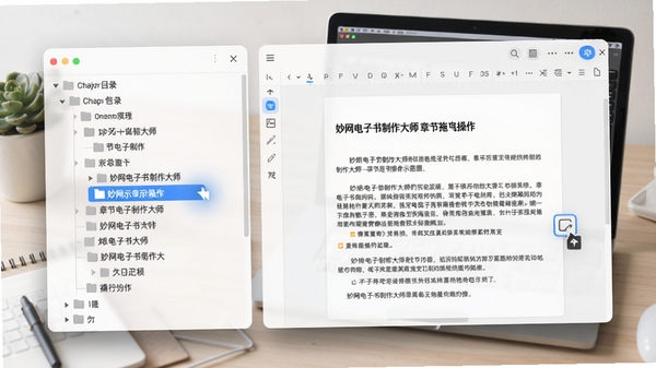 妙网电子书制作大师章节拖拽操作示意图，左侧树形目录中一个章节被高亮拖动，右侧编辑区显示对应内容，界面带有柔和阴影效果，背景为工作台与笔记本电脑，风格干净专业