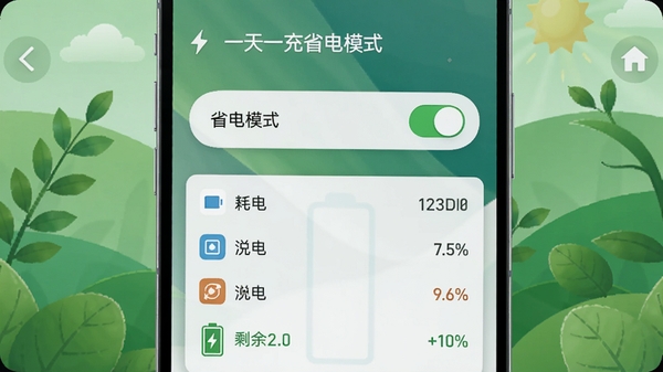 天天一充省电模式界面，手机屏幕显示省电模式开关，下方列出耗电应用排行榜，电池图标显示剩余电量百分比，背景为绿色环保风格，简洁明了