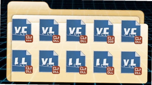 VC++ 2008可再发行组件包运行库文件示意图，展示多个DLL文件图标排列在文件夹中，文件图标带有蓝色和红色标识，背景为简洁的科技感网格