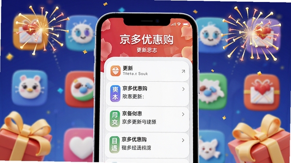 京多优惠购更新日志，手机屏幕显示版本更新内容，背景为应用图标和礼花，色彩鲜艳，庆祝风格，3D渲染