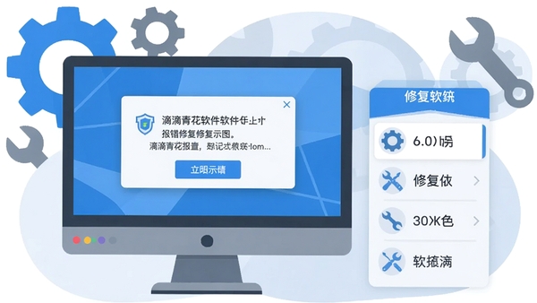 滴滴青桔软件报错修复示意图，电脑屏幕显示错误提示弹窗，旁边有修复工具选项列表，画面风格为扁平化插画，背景有齿轮与扳手元素，色调以蓝灰为主，突出解决问题与维护的主题
