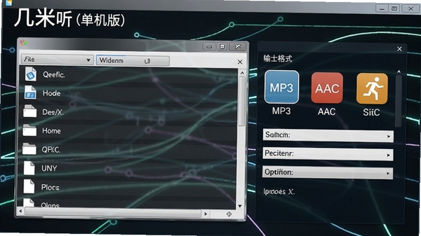 几米听(单机版)格式转换功能界面,显示文件列表与输出格式选项,包含MP3、AAC等图标,背景为简洁的科技感线条,软件名称置于左上角