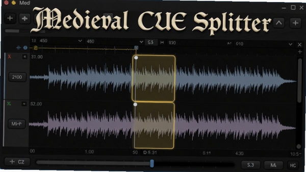 Medieval CUE Splitter正在处理音频轨道的界面特写，波形图清晰可见，高亮显示切割点，背景为深色调，突出软件名称字样