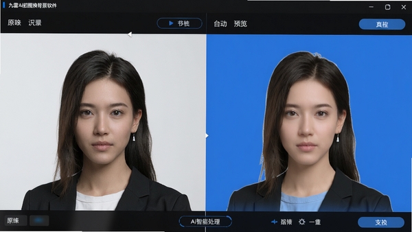 九雷AI抠图换背景软件主界面预览图，左侧为原图，右侧为自动抠图后的效果，背景被替换为纯色，界面简洁清晰，按钮布局合理，整体风格现代，带有AI智能处理的技术感
