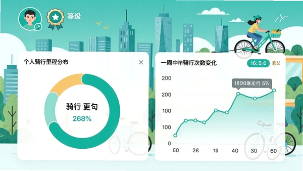 滴滴青桔个人骑行数据报告页面，包含环状统计图展示骑行里程分布，折线图显示一周内骑行次数变化，页面顶部显示账户头像与等级徽章，背景搭配城市骑行插画元素，风格活泼数据可视化清晰，主色调为青绿与白色