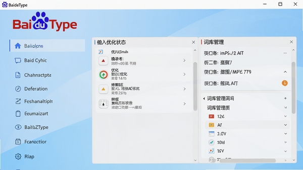 展示BaiduType主界面的高清截图，界面布局清晰，左侧为功能选项列表，右侧展示输入法优化状态和词库管理面板，背景为干净的浅蓝色渐变，整体风格现代简洁，软件名称BaiduType标识醒目地显示在界面左上角