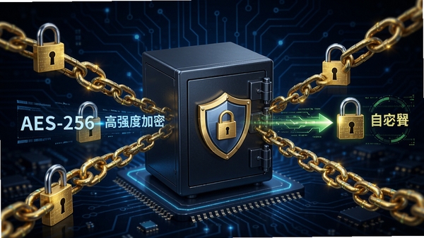 安天数据保险箱的加密过程概念图，画面中央是一个带有盾牌标志的保险箱，周围环绕着复杂的金色数据锁链，背景为深蓝色科技感电路板纹理，强调AES-256高强度加密算法，色彩对比鲜明，突出数据从明文变为密文的视觉过程。