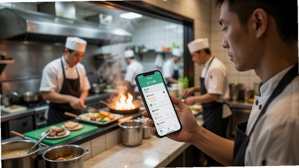 外卖开店商家软件在餐饮店内的实际使用场景图，一名店主手持手机查看订单，背景为热闹的厨房出餐口，厨师正在忙碌，画面充满生活气息，突出软件的实用性与便捷性