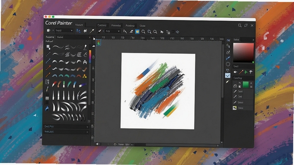 Corel Painter 数字绘画软件主界面预览图，展示其仿自然画笔工具面板与画布工作区。画面主体为软件界面，背景区域为色彩斑斓的抽象数字绘画笔触，整体风格专业且富有艺术感。