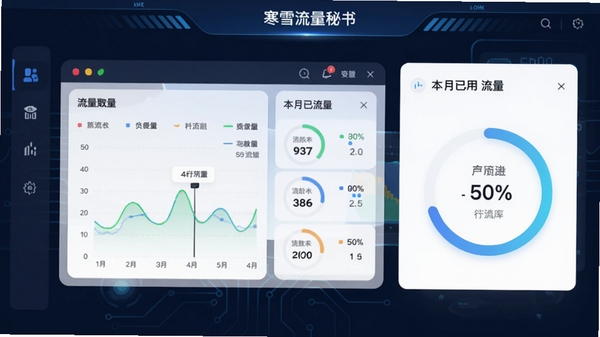 寒雪流量秘书主界面预览图，显示流量仪表盘和本月已用流量统计卡片，背景为深蓝色科技感界面，图标简洁清晰，色彩鲜艳，展示数据图表与百分比进度环，整体风格现代且信息直观。