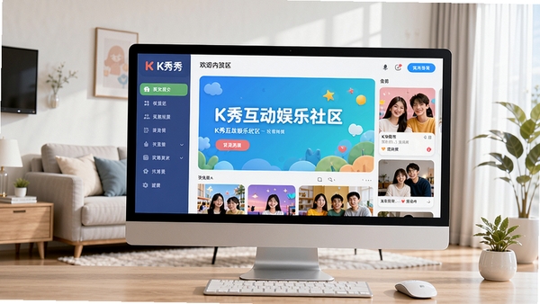 K秀互动娱乐社区电脑版主界面预览图，左侧为功能导航栏，右侧为内容展示区域，整体风格清新明亮，背景为现代简约的客厅环境，电脑屏幕中清晰显示K秀互动娱乐社区的欢迎界面，画面细节丰富，色彩饱满