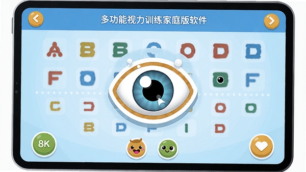 多功能视力训练家庭版软件视力评估界面，卡通风格的眼睛图标在屏幕中央，周围有彩色视标，背景为浅蓝色，界面友好活泼，适合儿童，画面清晰，光线柔和，8k