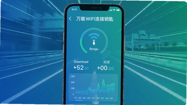 万能WiFi连接钥匙网络测速功能截图，手机界面显示下载速度与延迟数据，背景为高速路抽象线条，速度感强烈，蓝绿色渐变色调，数据可视化图表清晰，Boogu模型生成