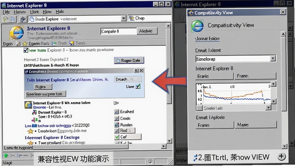 Internet Explorer 8 兼容性视图功能演示，画面左侧是老式网页正常显示的界面，右侧是兼容性视图设置面板，对比效果明显