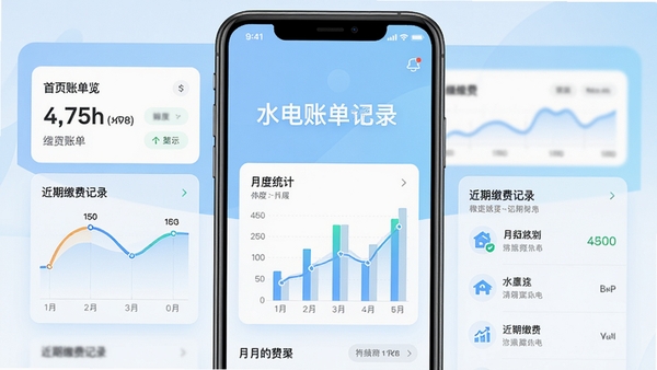 水电账单记录软件主界面预览图，展示首页账单总览卡片与近期缴费记录列表，背景为浅蓝色渐变，中心突出软件名称与月度统计图表，整体风格简洁明亮，适配手机竖屏展示