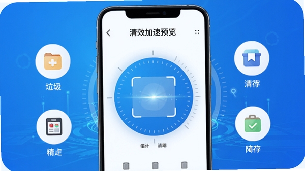 清理管家主界面预览图，展示手机屏幕上的清理加速仪表盘，背景为渐变的蓝色科技感氛围，中央有圆形扫描动画，周围环绕着垃圾文件、缓存、内存等清理图标，整体风格明亮干净，突出高效与安全