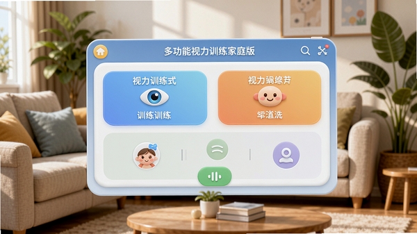 多功能视力训练家庭版软件主界面，展示训练模式选择菜单，背景为温馨的家庭客厅环境，沙发与绿植错落，画面中央是软件操作面板，色彩柔和，光线明亮，突出视力训练的主题，使用3D渲染风格，高细节，8k分辨率