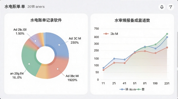 水电账单记录软件统计报表界面预览，展示饼图与折线图组合，色彩鲜艳但柔和，背景为浅灰色，图表标注清晰，强调数据可视化效果