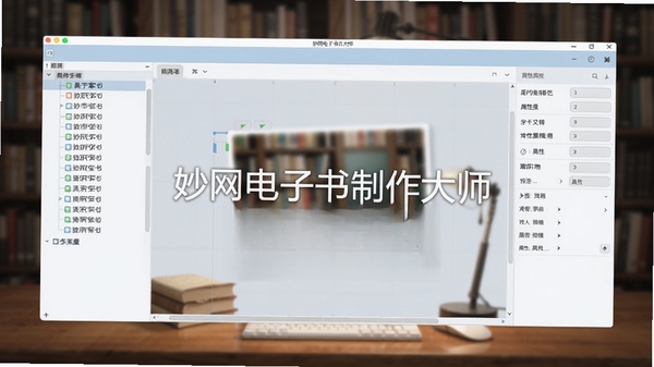妙网电子书制作大师主界面截图，展示左侧章节导航树、中间编辑区、右侧属性面板，整体以淡蓝色和白色为主色调，简约现代风格，屏幕中央有软件名称水印，背景为虚化的书房环境