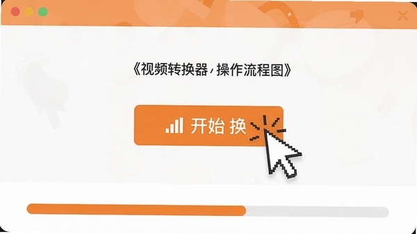 A视频转换器操作流程图，鼠标指针点击开始转换按钮，界面下方显示进度条，整体风格扁平化设计，配色以白色和橙色为主，突出操作步骤的简洁性