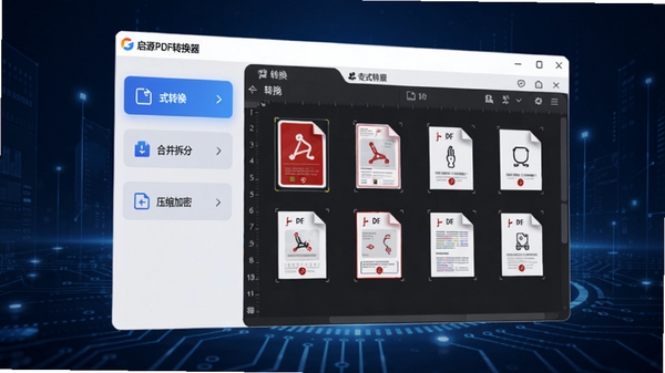 高清数字渲染风格，启源PDF转换器软件主界面悬浮于深邃蓝色科技背景之上，左侧功能列表清晰展示格式转换、合并拆分、压缩加密等模块，中央区域显示PDF文件缩略图预览，整体画面简洁明亮，突出专业办公软件气质，界面UI细节精致，光影过渡自然