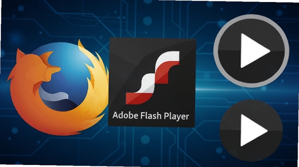 一幅扁平化风格的数字插画，画面中央是Adobe Flash Player 非IE版 - NPAPI的软件图标，周围环绕着Firefox浏览器标识和播放按钮元素，背景为深蓝色科技感渐变，强调插件为网页视频播放提供的流畅支持。