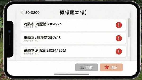 消防题考拉错题本界面，以列表形式展示错题，每条错题右侧有红色感叹号标识，底部提供重做和清除按钮，背景为简约白色卡片风格，整体视觉整洁