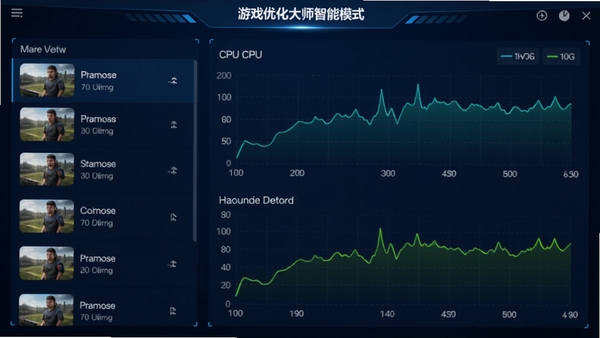 游戏优化大师智能模式切换功能界面，左侧显示游戏列表，右侧展示CPU、内存、网络实时占用曲线，背景为深蓝色科技感界面，数据图表清晰，整体风格专业，色彩搭配协调，突出优化效果