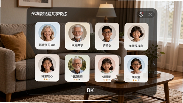 多功能视力训练家庭版软件家庭共享界面，展示多个家庭成员头像卡片，背景为客厅环境，沙发和茶几，画面温馨，界面简洁，突出共享概念，8k画质