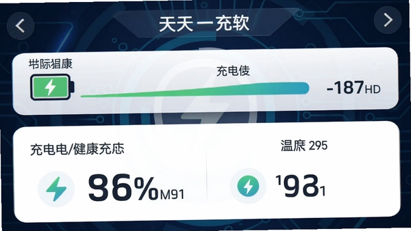 天天一充软件主界面预览图,展示电池健康状态和充电进度条,背景为深蓝色科技感风格,前景清晰的充电百分比和温度数据,整体视觉简洁现代,突出电池管理和安全充电的核心功能