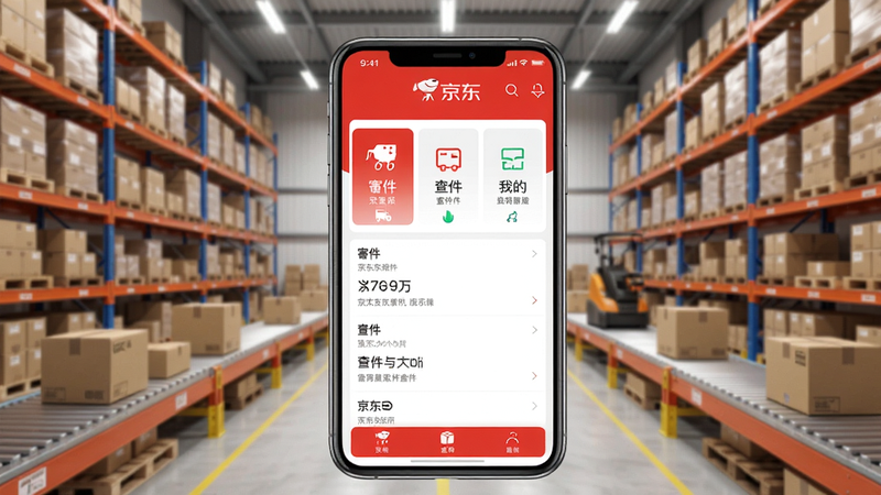 展示京东快递App的全貌，背景是整洁的物流仓库，前景是手机屏幕显示京东快递主界面，包含寄件、查件、我的三大功能模块，画面明亮清晰，强调品牌红色与白色配色，适合Boogu模型生成。