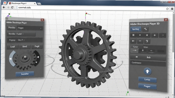Adobe Shockwave Player 3D渲染功能展示图，画面展示一个复杂的机械齿轮3D模型在网页浏览器中旋转，周围有半透明的控制面板和交互按钮，背景为浅灰色网格线，突出高精度渲染能力