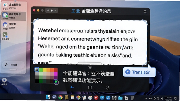 全能翻译官截图翻译功能演示,展示截取屏幕上的英文段落,下方弹出中文翻译结果,界面带有取色框和翻译气泡,背景为桌面壁纸,整体风格科技感强,突出软件名称
