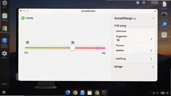 SunsetScreen软件主界面预览图，展示其简洁的色温调节滑块和计划任务设置面板，背景为深色桌面环境，整体画面干净明亮，突出软件窗口的清晰布局