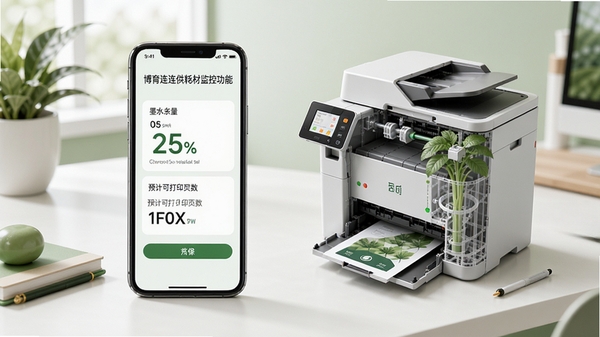 博育连连供耗材监控功能图，手机端显示墨水余量百分比和预计可打印页数，旁边有打印机内部结构透视图，背景为简洁的桌面环境，绿色系突出节能环保理念