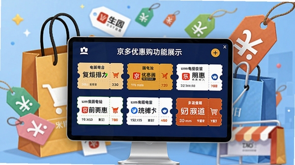京多优惠购功能展示，屏幕上显示多个电商平台的优惠券卡片，背景为购物袋和折扣标签，色彩明亮，突出聚合概念，商业插画风格