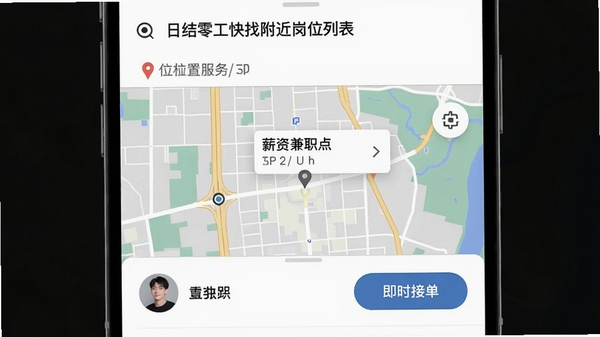 日结零工快找附近岗位列表截图,地图模式显示周边兼职点,标注薪资与距离,用户头像与接单按钮清晰可见,画面清爽,强调位置服务与即时匹配功能