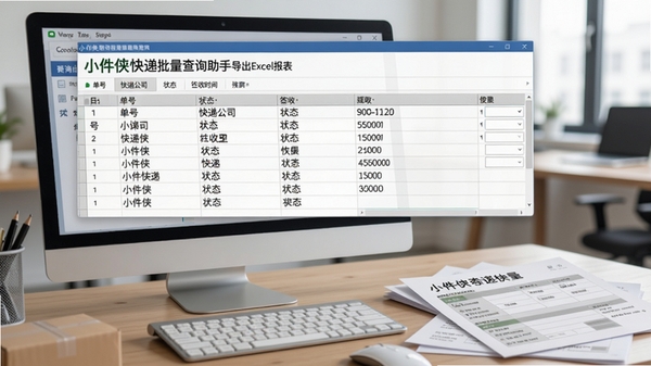 小件侠快递批量查询助手导出Excel报表界面，表格包含单号、快递公司、状态、签收时间等列，背景为办公电脑与纸质报表，风格专业