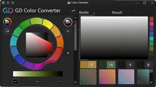 GD Color Converter软件主界面截图，深色主题背景，左侧为色彩模型选择区域，右侧显示转换结果与色块预览，画面简洁清晰，突出软件名称GD Color Converter，风格为现代扁平化设计