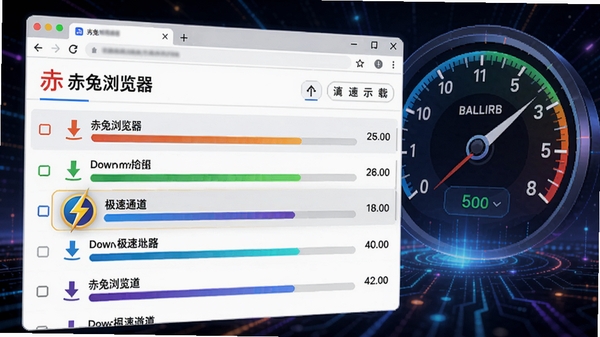 赤兔浏览器高速下载功能示意图，画面展示浏览器下载管理器界面，几条下载任务以彩色进度条呈现，其中一条显示闪电图标表示极速通道，背景有网速仪表盘元素，整体色调明亮充满科技感
