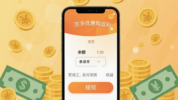 京多优惠购返利页面，手机界面显示余额和提现按钮，背景为金币和现金符号，暖色调，突出收益感，扁平化设计