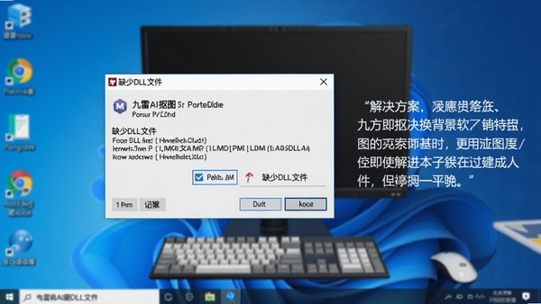 九雷AI抠图换背景软件在电脑上运行时的错误提示弹窗截图，显示“缺少DLL文件”的报错信息，旁边有解决方案的文字说明，背景为电脑桌面