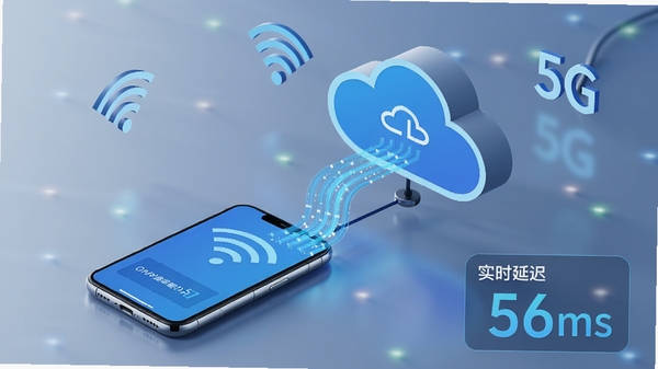 数版云游网络优化示意图，画面中一部手机连接着云端服务器，周围有流畅的蓝色光带表示数据传输，背景有Wi-Fi和5G信号图标，画面右下角显示实时延迟数据56ms，画面风格清晰科技感，强调低延迟与流畅体验。
