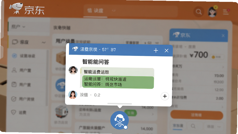 京东快递服务界面展示，底部悬浮客服图标，中间显示智能问答对话框，背景是用户正在查看运费详情，画面温馨，强调服务温度。
